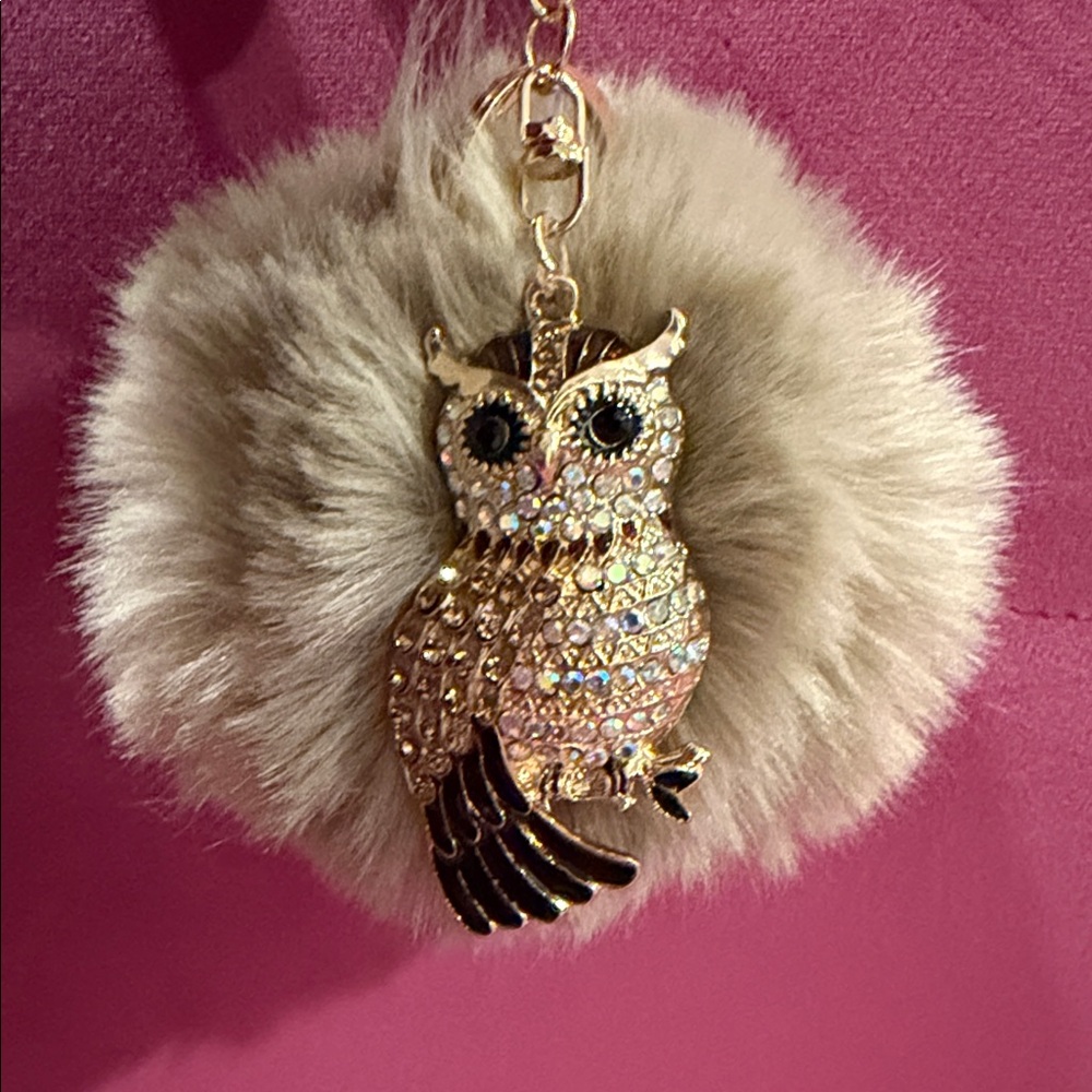 Sparkling Owl Pom Keychain/Bag charm- Beige Fur